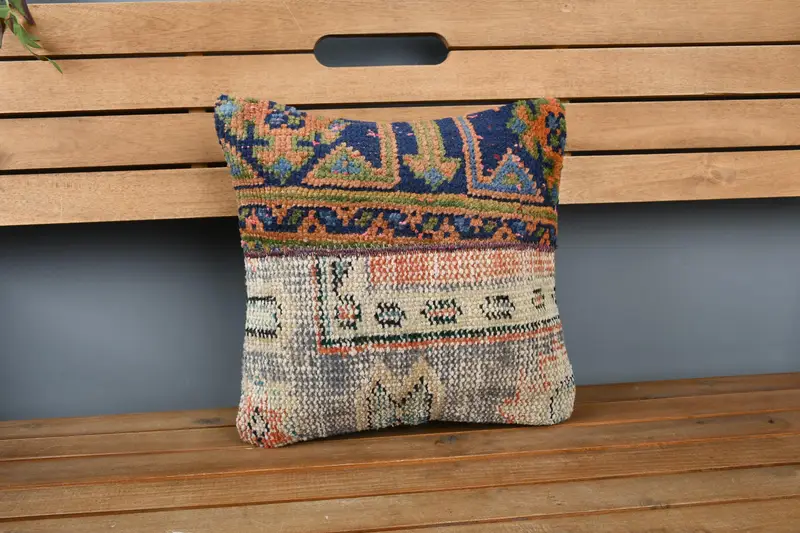 Pillow Case, Personalized Gift Pillow Cushion Cover, Antique Pillows, Turkish Pillow, Vintage Kilim Pillow, 14x14 Blue Pillow Case - 6