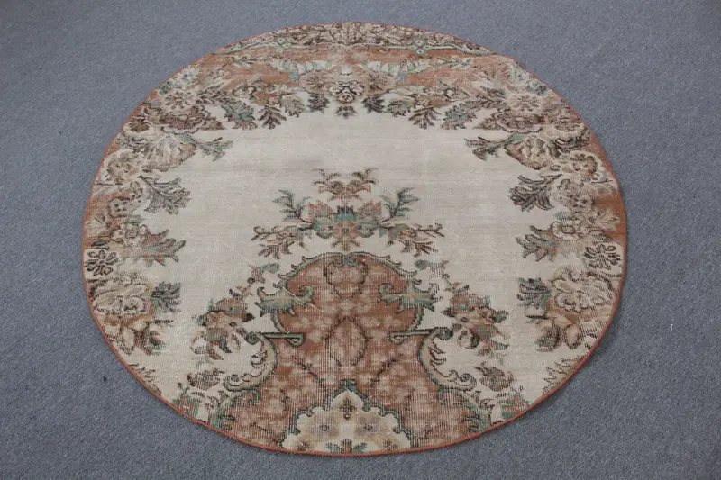 Brown & Beige Rug, 4,8x4,79 ft Plant & Tree Pattern