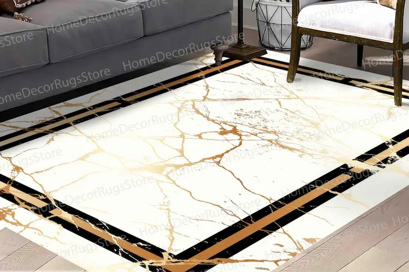 抽象的なブラック & ゴールド プリント ラグ: トレンディなソフト トーン