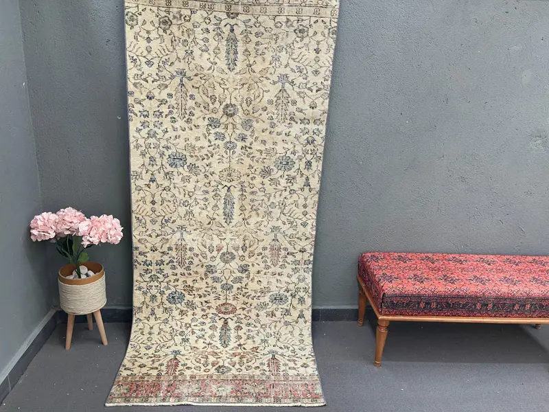 Vintage Area Rug, 3.2x7.7 ft Turkish Rug, Blue Oushak Wool Rug - 1