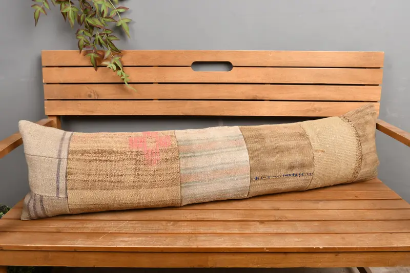 Handmade Brown & Beige Patchwork Throw Pillow, Vintage Embroidered Pillow