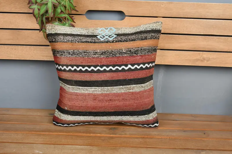Turkish Pillow, Cushion Cover, 16x16 Red Cushion Case, Decorative Bolster Cushion Case, Vintage Kilim Throw Pillow, Kilim Pillow Cover - 6