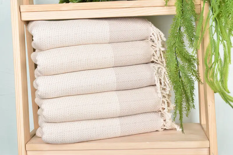 Beige Cotton Towel Turkish Beach, Handmade Diamond Towel, 40x70 Inches