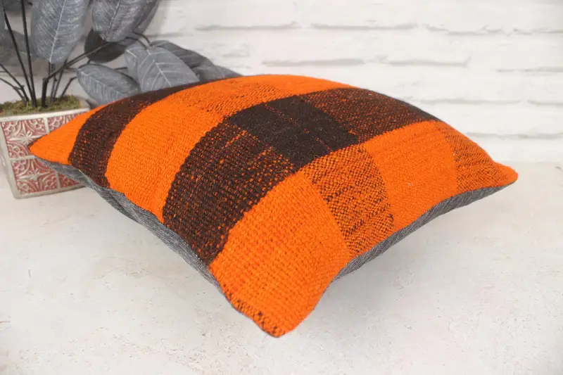 14x14 Orange Cushion Cover, Armchair Cushion Cover, Cushion, Turkish Pillow, Ethnical Kilim Rug Pillow, Interior Designer Pillow - 6