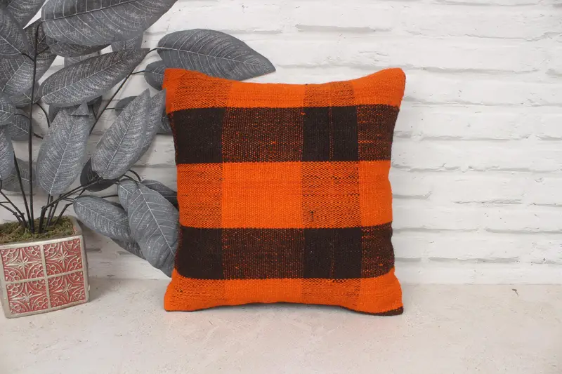 14x14 Orange Cushion Cover, Armchair Cushion Cover, Cushion, Turkish Pillow, Ethnical Kilim Rug Pillow, Interior Designer Pillow - 1