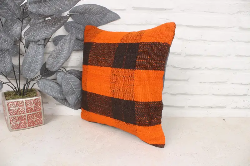 14x14 Orange Cushion Cover, Armchair Cushion Cover, Cushion, Turkish Pillow, Ethnical Kilim Rug Pillow, Interior Designer Pillow - 4