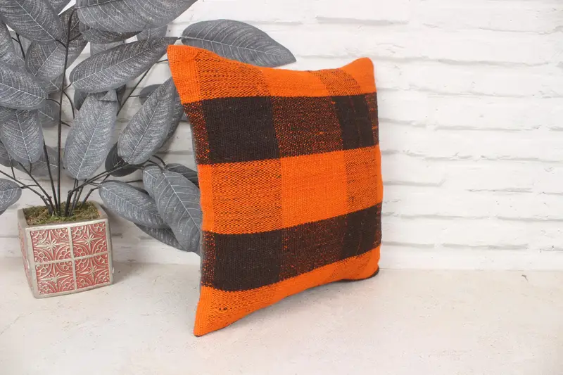 14x14 Orange Cushion Cover, Armchair Cushion Cover, Cushion, Turkish Pillow, Ethnical Kilim Rug Pillow, Interior Designer Pillow - 3