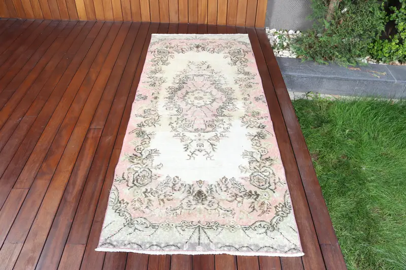 Vintage Turkish Rug, 2.9x7.2 ft Oushak Rug, Pink Animal Print Wool Rug - 1