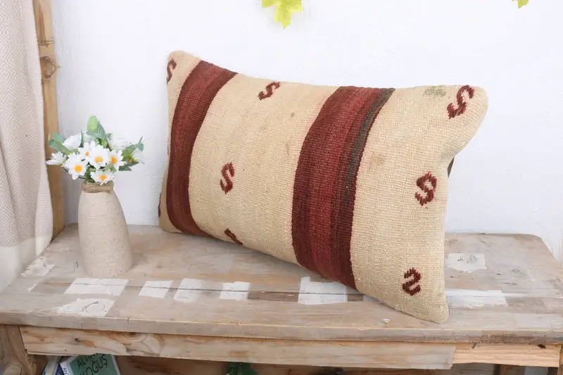 12x20 Beige Cushion Cover, Handmade Kilim Cushion, Pillow Cover, Vintage Kilim Pillow, Ethnical Kilim Rug Pillow, Yoga Pillow Sham - 4