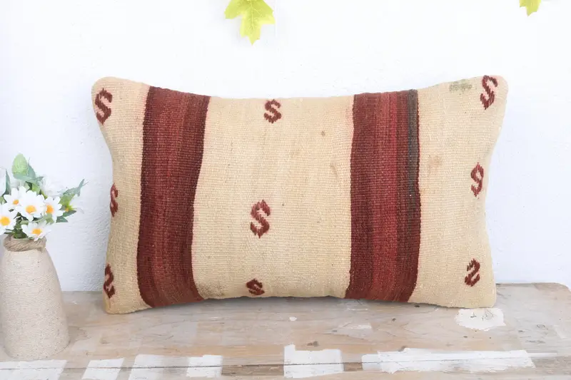 12x20 Beige Cushion Cover, Handmade Kilim Cushion, Pillow Cover, Vintage Kilim Pillow, Ethnical Kilim Rug Pillow, Yoga Pillow Sham - 2