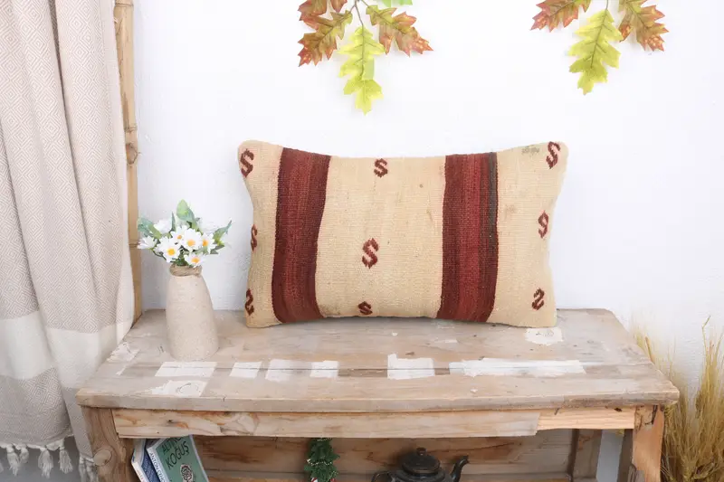 12x20 Beige Cushion Cover, Handmade Kilim Cushion, Pillow Cover, Vintage Kilim Pillow, Ethnical Kilim Rug Pillow, Yoga Pillow Sham - 1