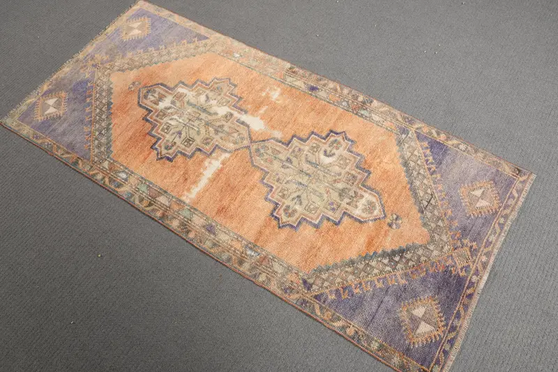 Vintage Small Rug, 2.3x5.2 ft Turkish Rug, Orange Oushak Wool Rug - 1