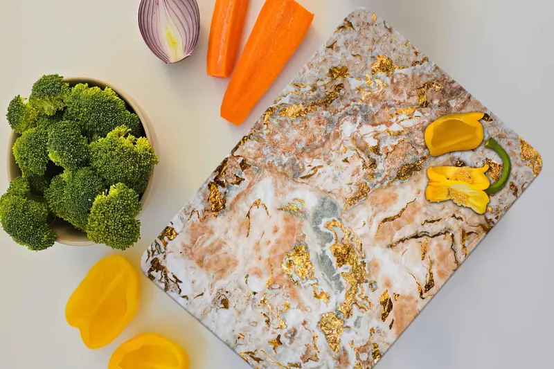 Tabla de cortar de vidrio de mármol dorado brillante, diseño de cocina contemporáneo