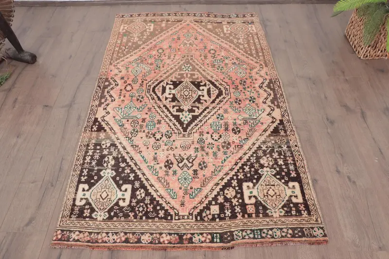 Türkischer Akzentteppich 3,4 x 5,6 Fuß, Vintage Oushak Brauner Ombré-Wollteppich - 1