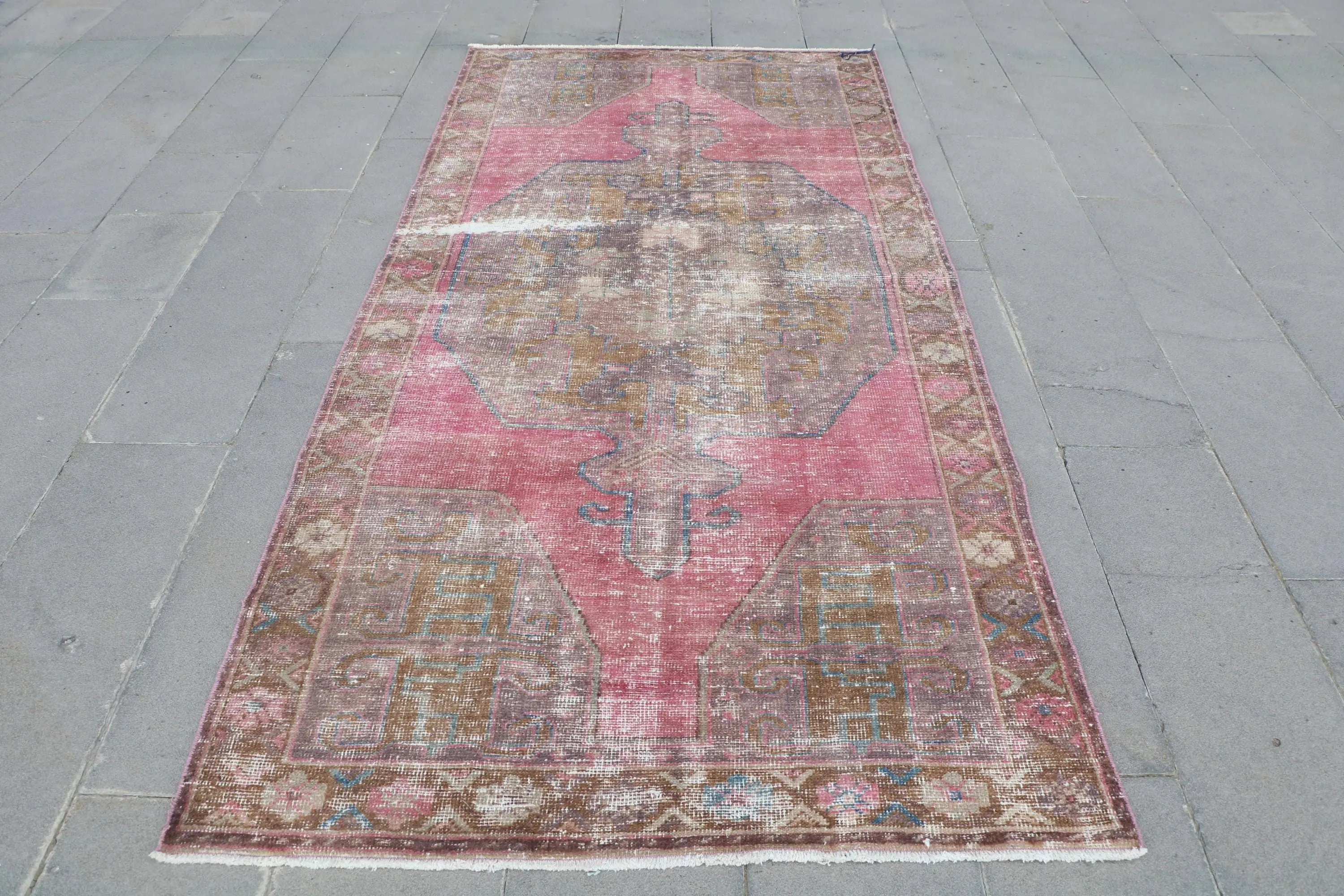 Turkish 4.2x8.9 ft Rug, Area Vintage Rug, Red Blue Striped Rug - 1