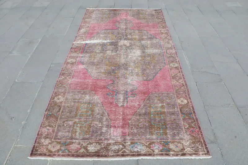 Pembe & Kahverengi Çizgili Halı, 4,2x8,9 ft Şık Geometrik Tasarım