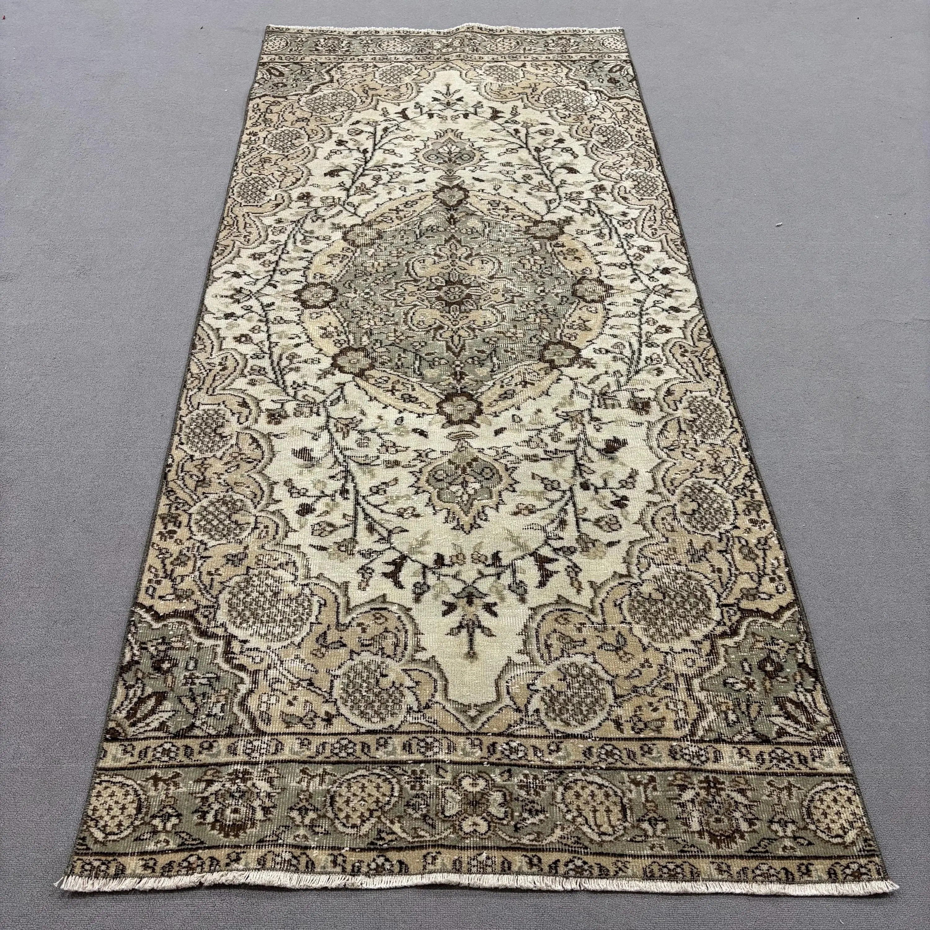 Turkish Area Rug 3.7x8.7 ft, Brown Gray Moroccan Rug Wool - 1