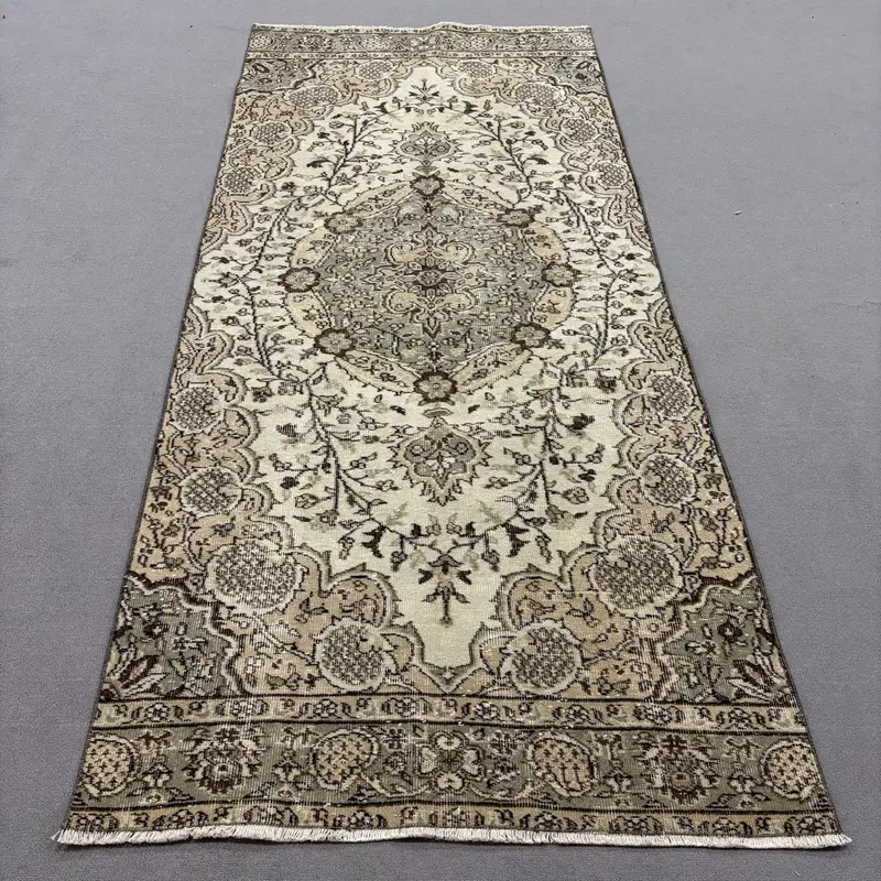 Zarif Bej Fas Halısı, Yeşil Desenli 3,7x8,7 ft