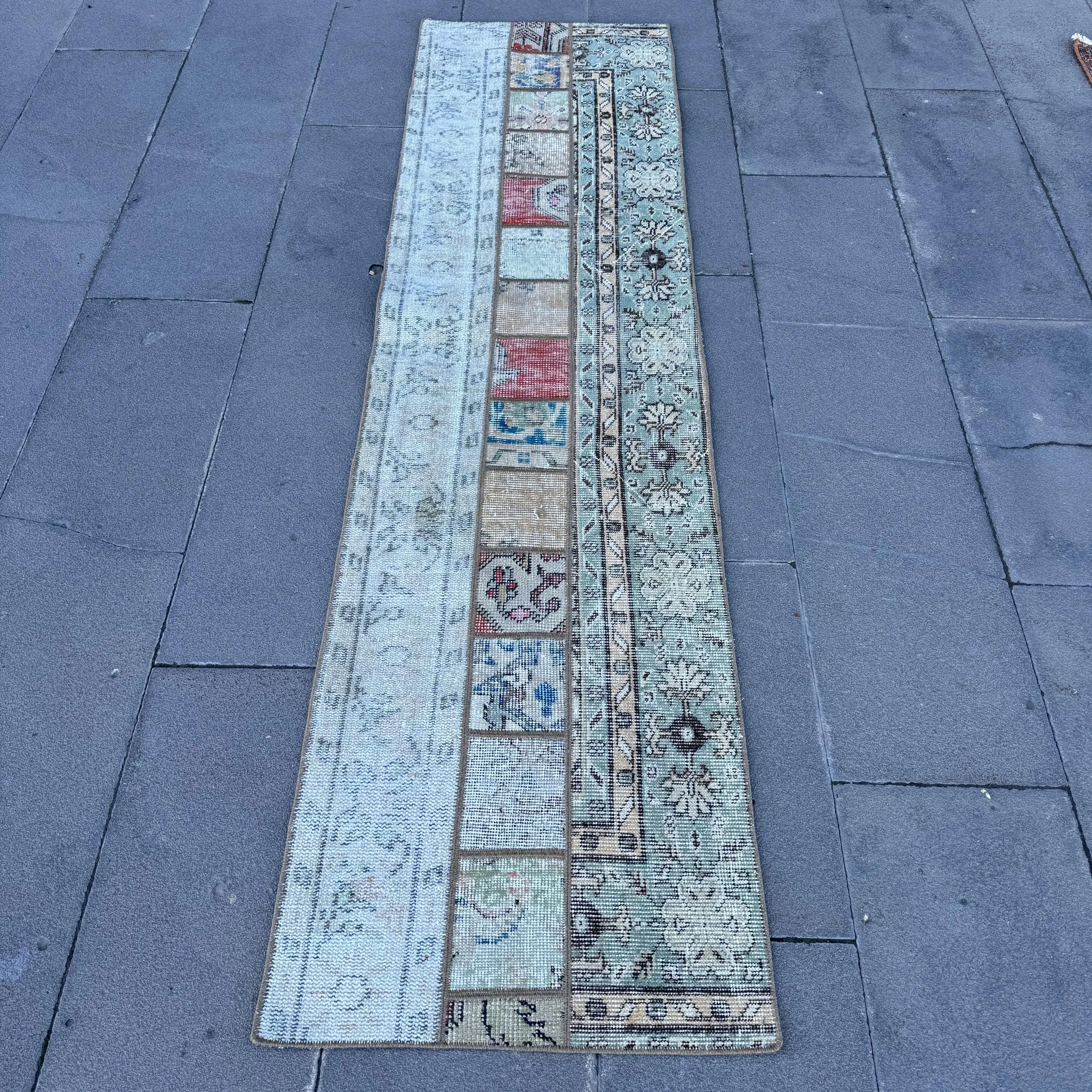 1.9x7.3 ft Runner Turkish Vintage Rug, Blue Abstract Wool Rug - 1