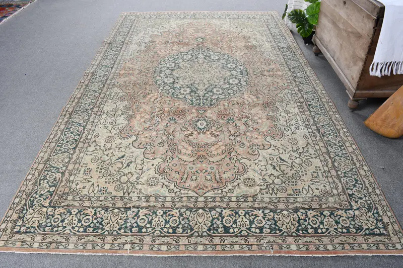 Handmade Green Rug, 0.5x0.9 ft with Orange Plants & Trees