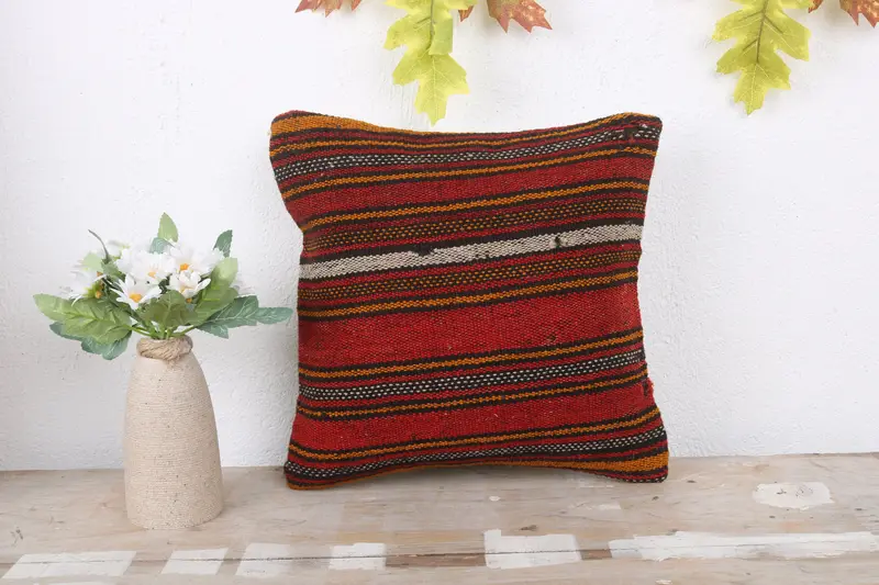 Ethnical Kilim Rug Pillow, Ethnic Cushion Cover, 12x12 Red Pillow Sham, Kilim Pillow, Car Cushion Case, Handmade Kilim Cushion, Pillow Sham - 2