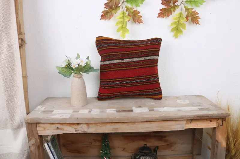 Ethnical Kilim Rug Pillow, Ethnic Cushion Cover, 12x12 Red Pillow Sham, Kilim Pillow, Car Cushion Case, Handmade Kilim Cushion, Pillow Sham - 1