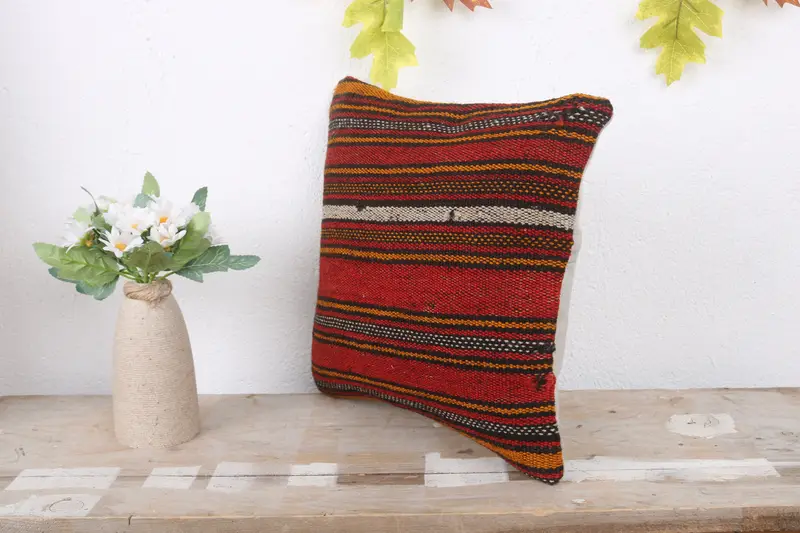 Ethnical Kilim Rug Pillow, Ethnic Cushion Cover, 12x12 Red Pillow Sham, Kilim Pillow, Car Cushion Case, Handmade Kilim Cushion, Pillow Sham - 4