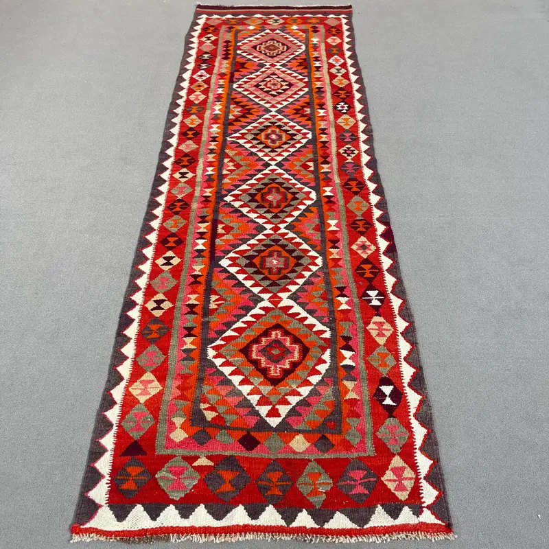 Kırmızı & Turuncu Hayvan Baskılı Halı, 3x10 ft