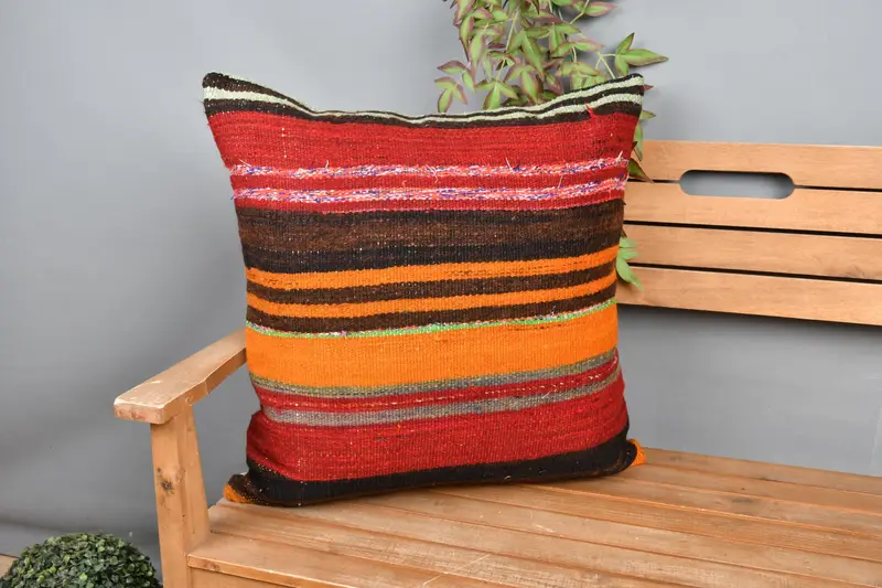 Almohada decorativa a rayas rojas y naranjas, 24x24 pulgadas, almohada de algodón bordado