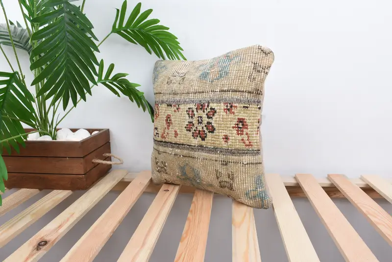 Ethnical Kilim Rug Pillow, 14x14 Beige Cushion Case, Neutral Throw Cushion, Pillow, Antique Pillows, Vintage Kilim Throw Pillow - 5