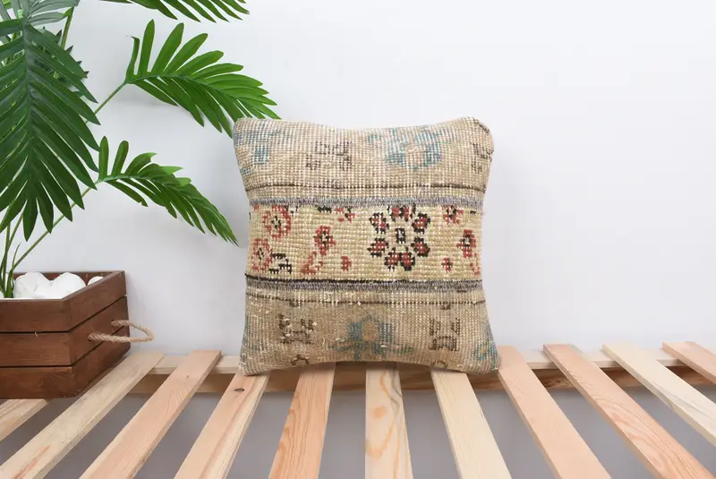 Ethnical Kilim Rug Pillow, 14x14 Beige Cushion Case, Neutral Throw Cushion, Pillow, Antique Pillows, Vintage Kilim Throw Pillow - 1