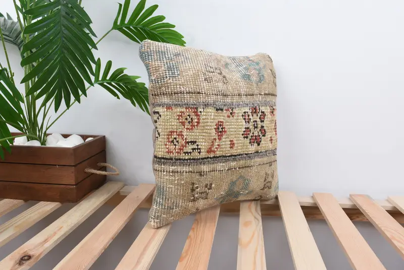 Ethnical Kilim Rug Pillow, 14x14 Beige Cushion Case, Neutral Throw Cushion, Pillow, Antique Pillows, Vintage Kilim Throw Pillow - 4