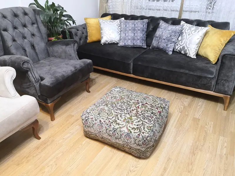 ハンドメイドのキリム風ウールプーフ、グリーン&グレーの長方形プーフ