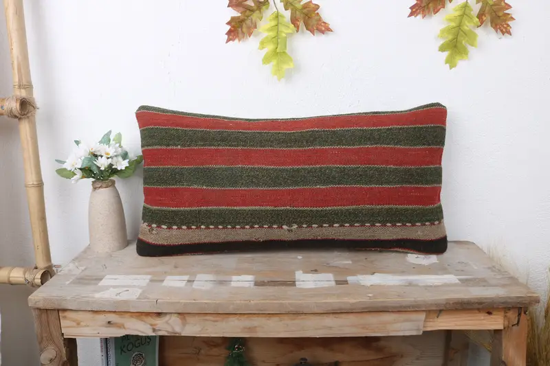 Cushion, Vintage Pillow, 12x24 Orange Cushion Cover, Outdoor Throw Cushion, Ethnic Pillow Cover Cushion Cover, Boho Pillow, Kilim Cushion Sham - 1