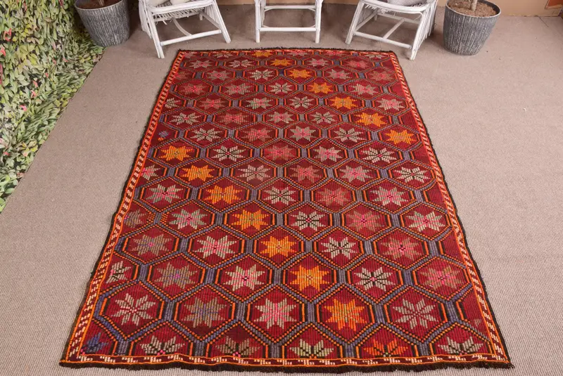 Türk Büyük Halı 5.6x8.3 ft (170x253 cm), Kilim Kırmızı Kamuflaj Vintage Halı - 1