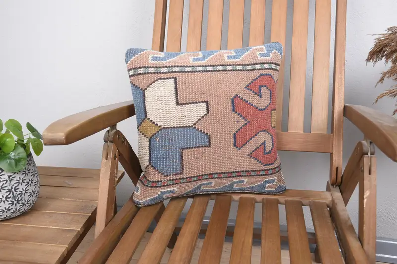 14x14 Pink Pillow Cover, Retro Pillow, Pillow Sham, Boho Pillow Sham Cover, Pastel Cushion Case, Pillow for Sofa, Kilim Cushion Sham - 1