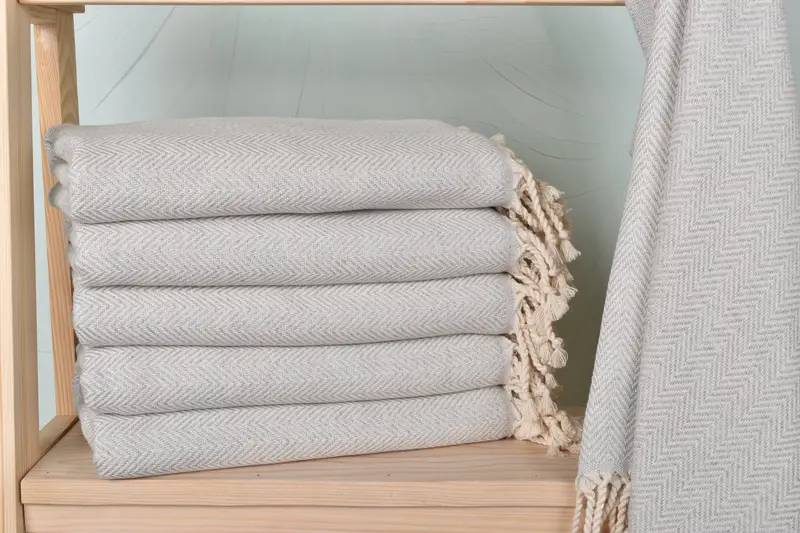 Embroidery Towel Light Gray Herringbone, Organic Cotton/Linen, 40x71 Inches