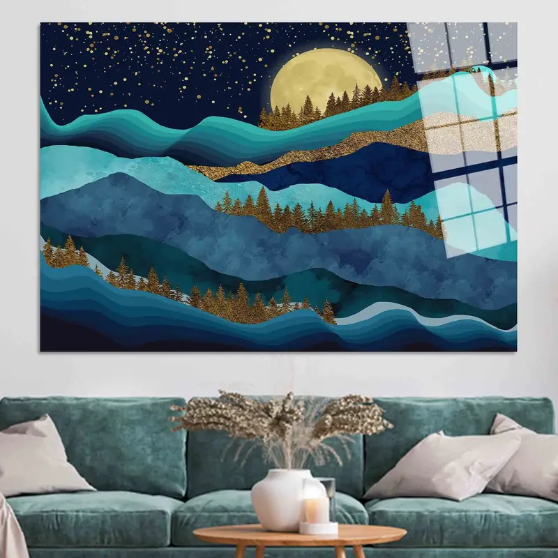 豪華なゴールドマウンテン風景キャンバス - コンテンポラリーフルムーンアート
