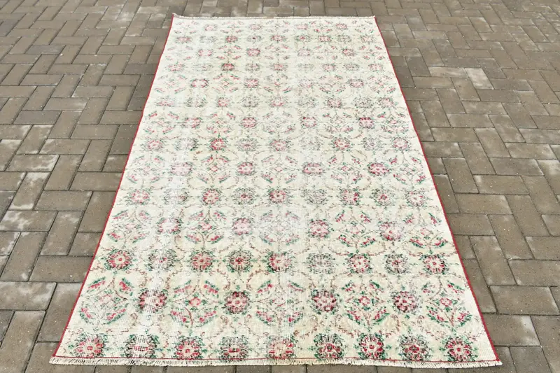 4.2x7 ft Oushak Halı, Türk Vintage Halı, Beyaz Kırmızı Katı Halı - 1