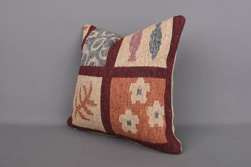 Handmade Throw Pillow, Art Deco Pillow Sham, 18x18 Orange Pillow Sham, Pillow for Couch, Pillow Sham, Vintage Kilim Throw Pillow, Pillow for Sofa - 3