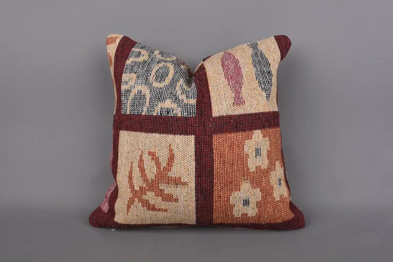 Handmade Throw Pillow, Art Deco Pillow Sham, 18x18 Orange Pillow Sham, Pillow for Couch, Pillow Sham, Vintage Kilim Throw Pillow, Pillow for Sofa - 1