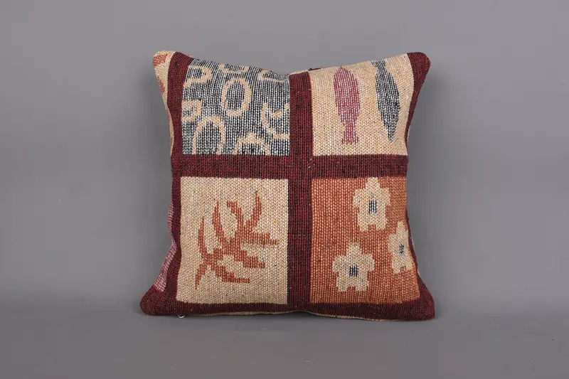 Handmade Throw Pillow, Art Deco Pillow Sham, 18x18 Orange Pillow Sham, Pillow for Couch, Pillow Sham, Vintage Kilim Throw Pillow, Pillow for Sofa - 4