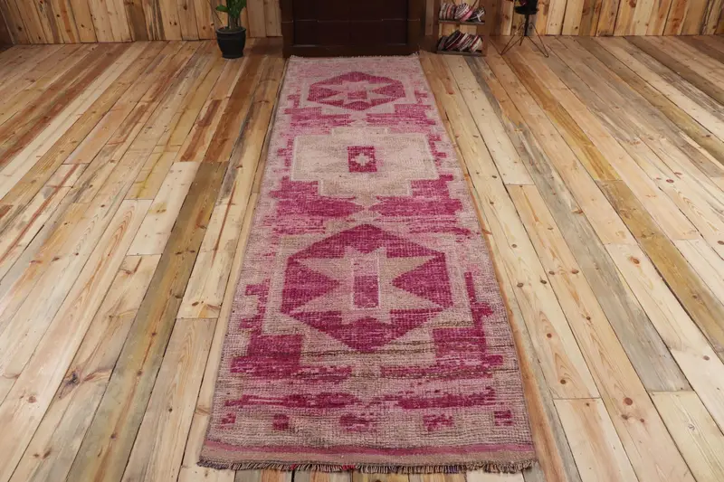 Turkish Runner Rug 2.8x11.2 ft (86x340 cm), Herki Pink Ikat Vintage Rug - 1