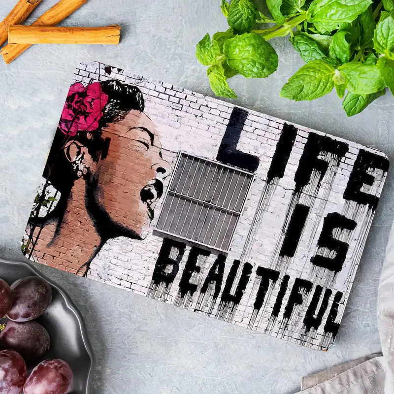Artistic Glass Cutting Board with Banksy-Inspired Graffiti Design