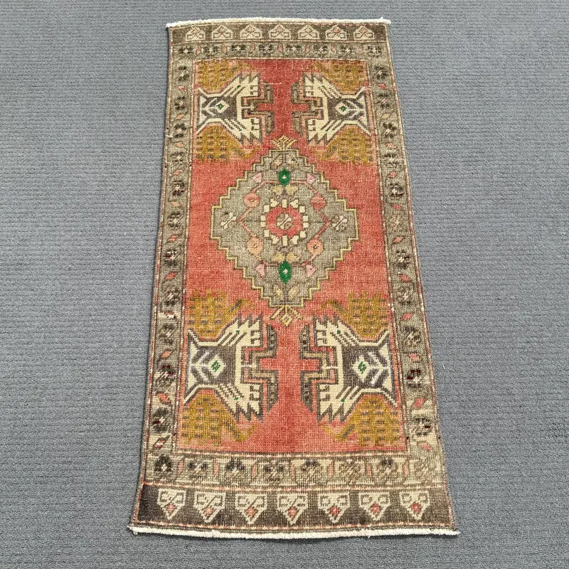 Red Ikat Rug, 0.1x3.7 ft with Green Accents