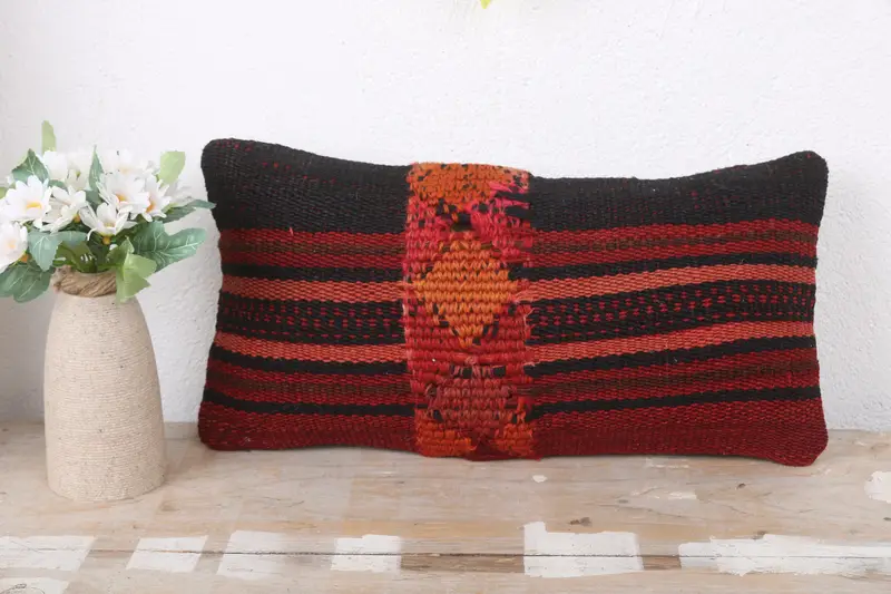 Cushion Case, One Of A Kind Pillow, Interior Designer Pillow, Ethnical Kilim Rug Pillow, 8x16 Red Pillow Case, Handmade Kilim Cushion - 2