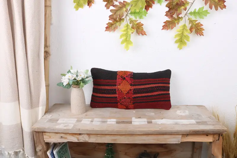 Cushion Case, One Of A Kind Pillow, Interior Designer Pillow, Ethnical Kilim Rug Pillow, 8x16 Red Pillow Case, Handmade Kilim Cushion - 1