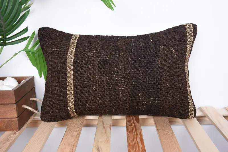 Handmade Kilim Cushion, Vintage Kilim Throw Pillow, 12x20 Brown Pillow, Home Decor Pillow, Chair Pillow Cover, Cushion Cover - 1