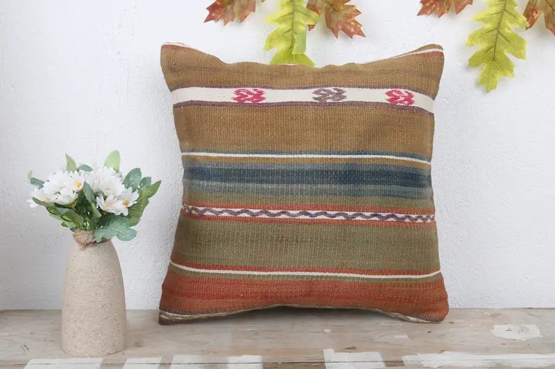 Pillow Case, Antique Pillows, Boho Pillow, One Of A Kind Cushion Case, 14x14 Brown Pillow Sham, Vintage Kilim Pillow - 2
