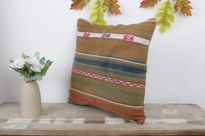 Pillow Case, Antique Pillows, Boho Pillow, One Of A Kind Cushion Case, 14x14 Brown Pillow Sham, Vintage Kilim Pillow - 4